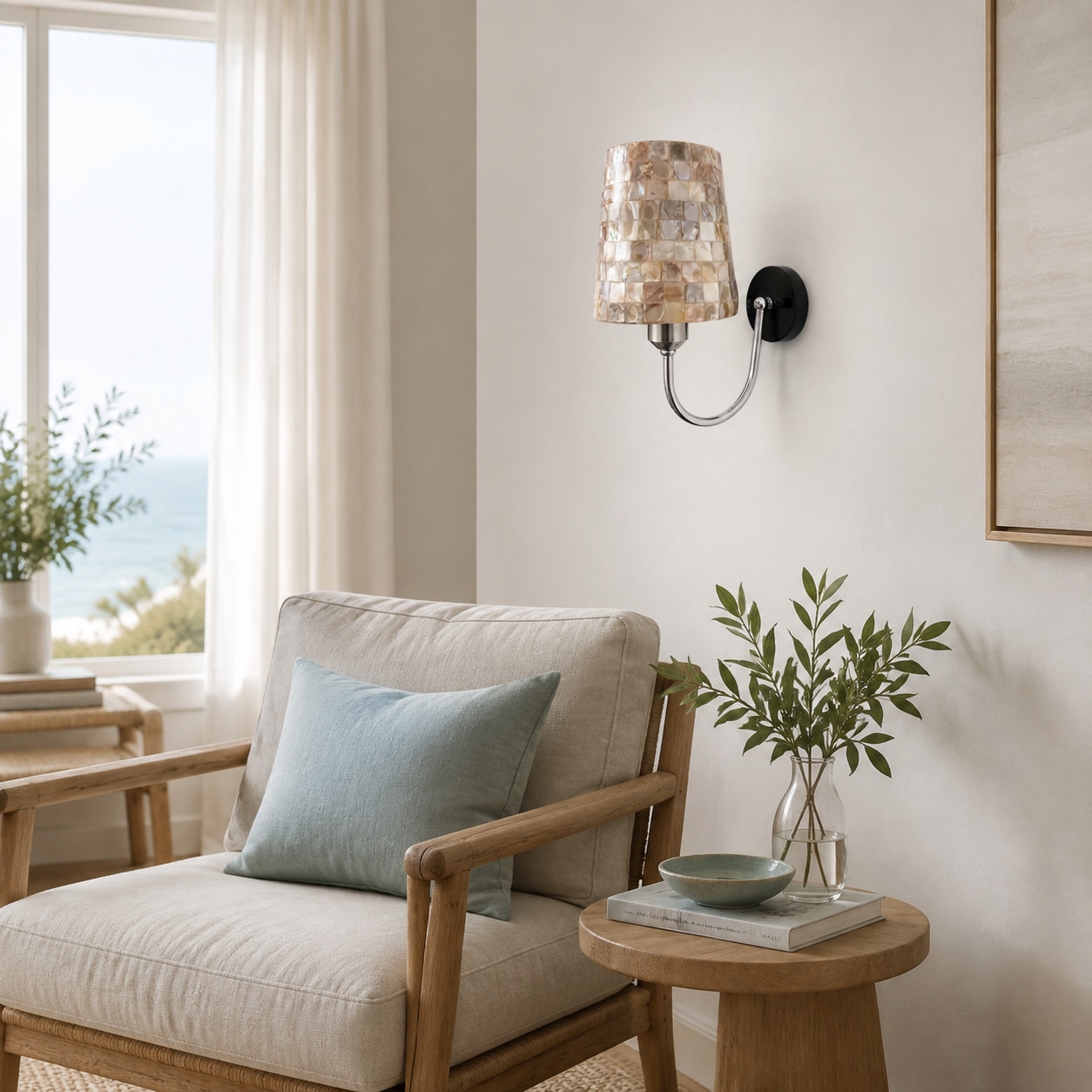 Capiz shell wall sconce beside a lounge chair and side table